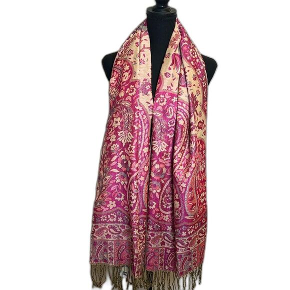 Cashmere Scarf from Jerusalem Pink Beige Purple Tulip Paisley Floral - Picture 1 of 10